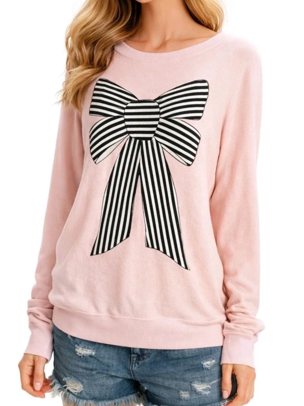 Wildfox Light Pink Black White Stripe Bow L/S Tee Sweater Blouse Top Knit Shirt